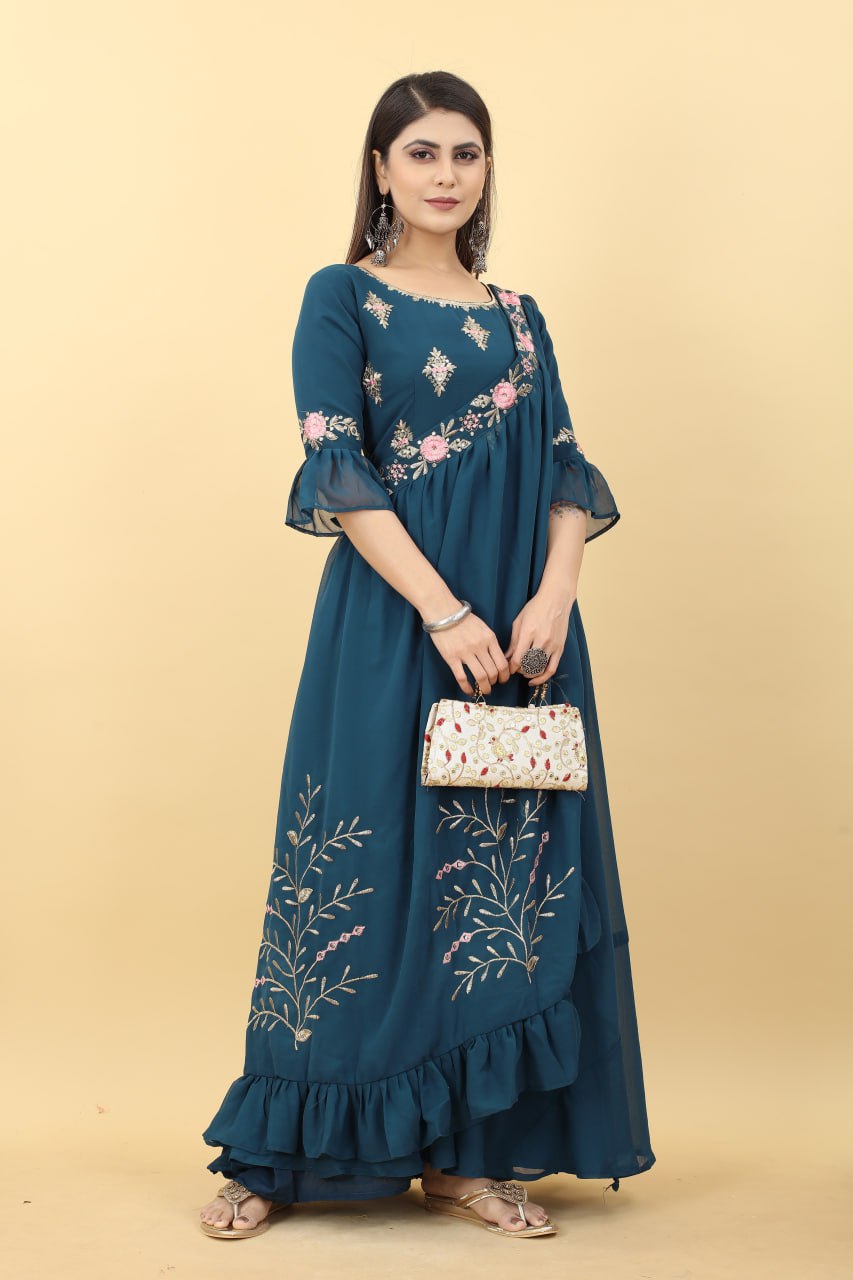 Georgette Embroidered Designer Gown For Women, Blue at Rs 1500 in