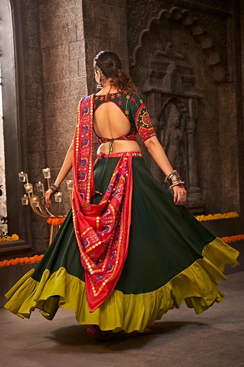 Green Color Embroidered Ethnic Tradtional Navratri Special Lehenga