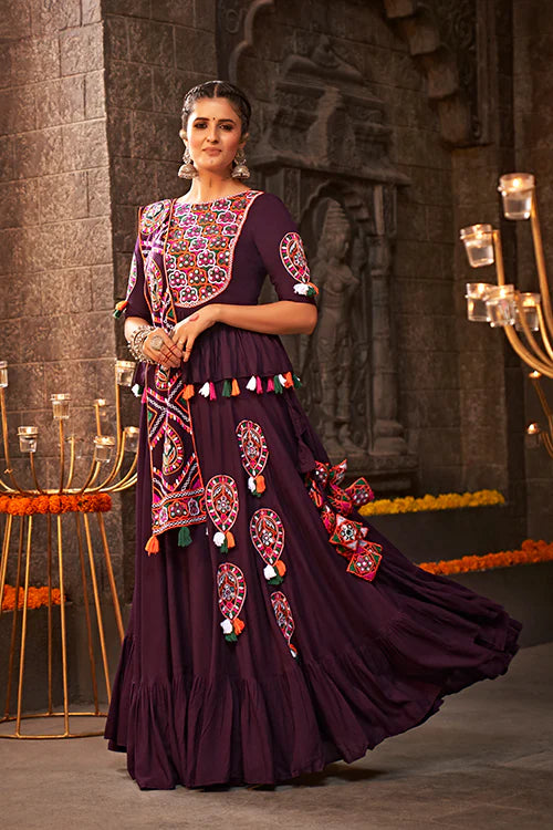 Purple Thread Embroidered Designer Traditonal Navratri Lehenga