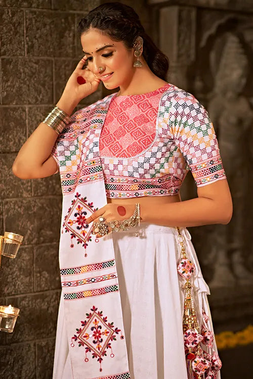 White Jacquard Cotton Embroiderd Traditional Chaniya Choli For Navratri