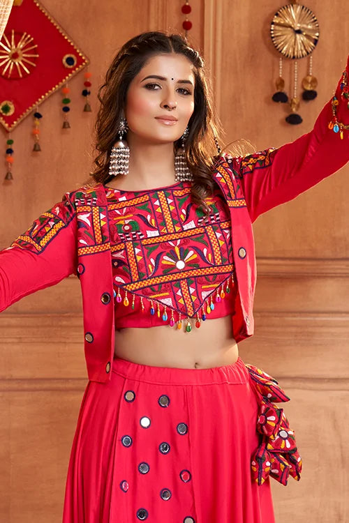 Rani Pink Embroidered Koti Style Chaniya Choli For Indian Festival Navratri Lehenga