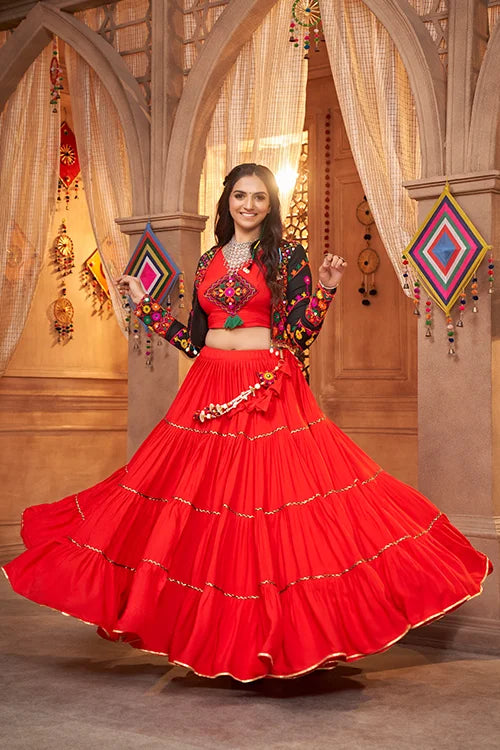 Red Contrast With Black Koti Style Latest Designer Chaniya Choli For Navratri