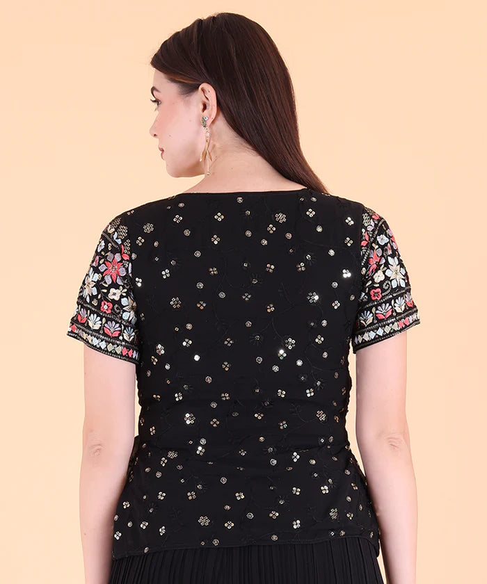 Black Floral Embroidered Sequined Top With Palazzos