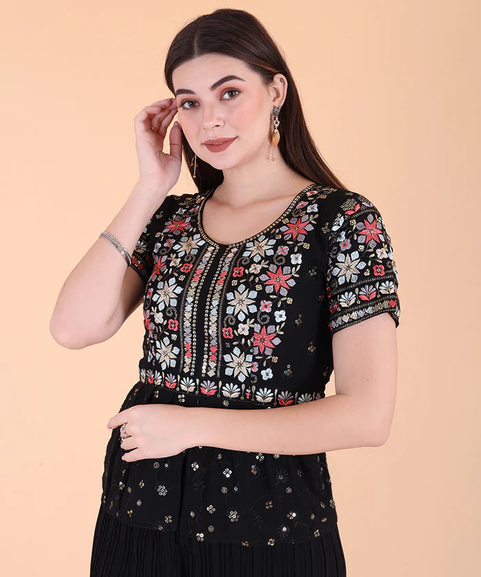 Black Floral Embroidered Sequined Top With Palazzos