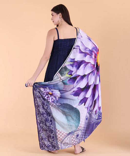 Navy Blue Schiffli Floral Embroidered Shoulder Strap Kurta Suit Set