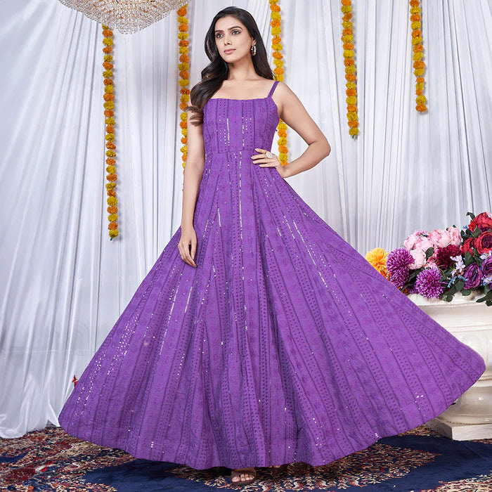 Purple Chikankari Embroidered Crepe Lining Anarkali Gown