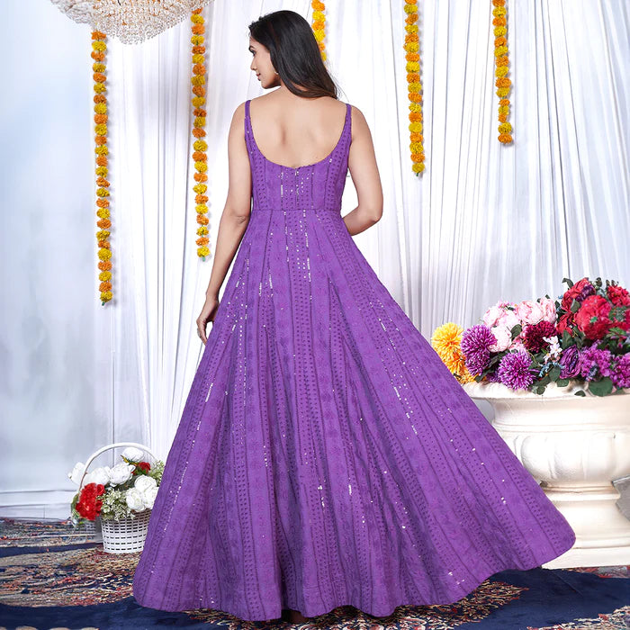 Purple Chikankari Embroidered Crepe Lining Anarkali Gown