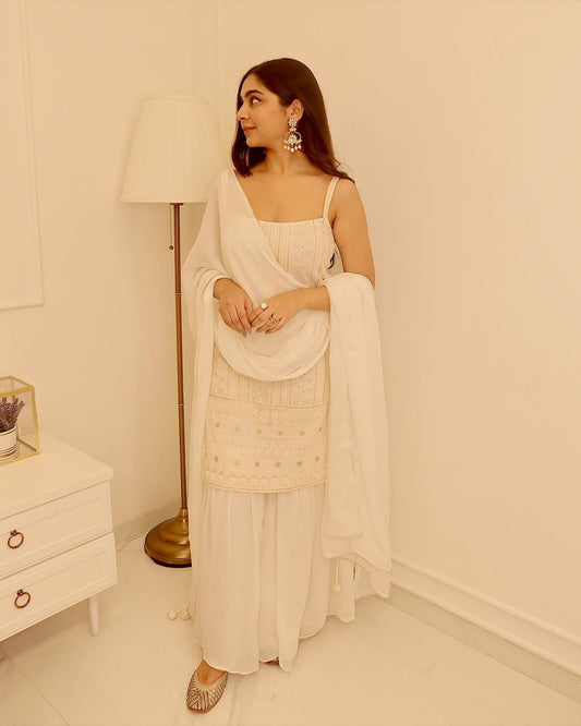 White Partywear Sarara Suit With Sequence And Embroidery Work