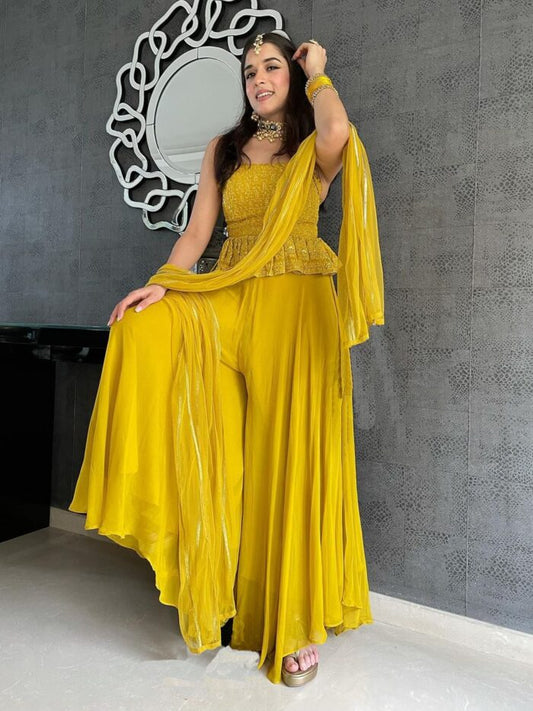 Elegant Yellow Colored Festive Wear Embroidery Worked Jumpsuit