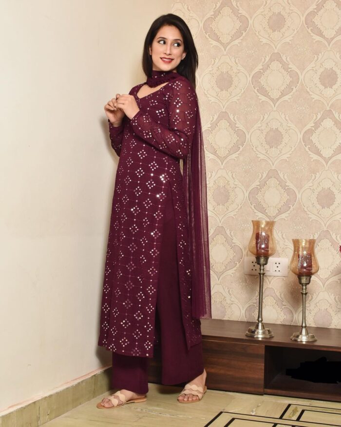 Breathtaking Maroon Colored Partywear Embroidered Mirror Worked Kurta And Palazzo Set With Dupatta Set