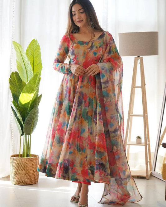 Digitally Printed Pure Soft Organza Anarkali Suit With Huge Flair Comes With Duppatta N Pant