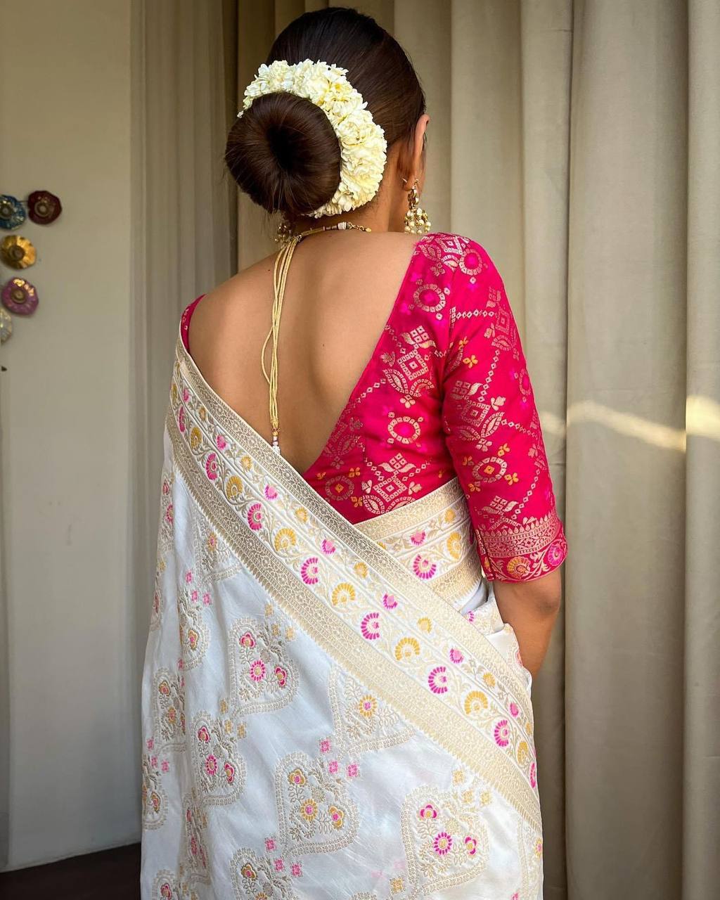 BeautifuL white crepe self woven mango design saree from @akrutisarees_ak  paired with batik style printed indigo blouse, available in dif... |  Instagram