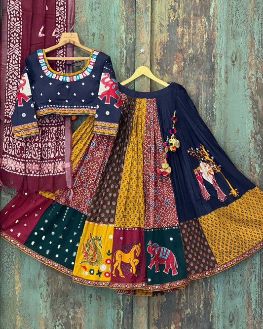 Wine Color Collared Blouse Pure Cotton Lehenga Choli With Lucknowi Worked