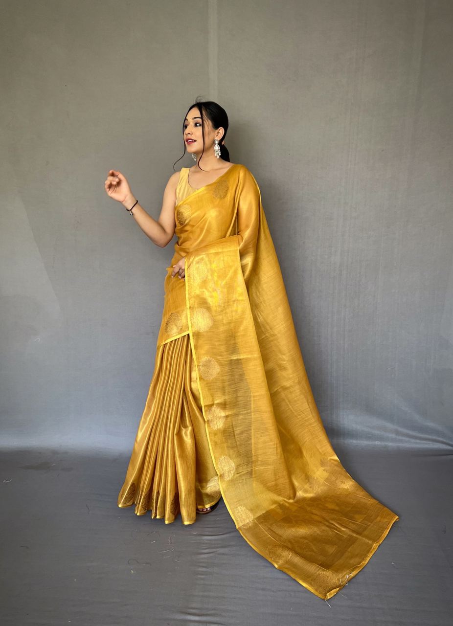 Yellow Gold Banarasi Tissue Silk Zari Woven Saree