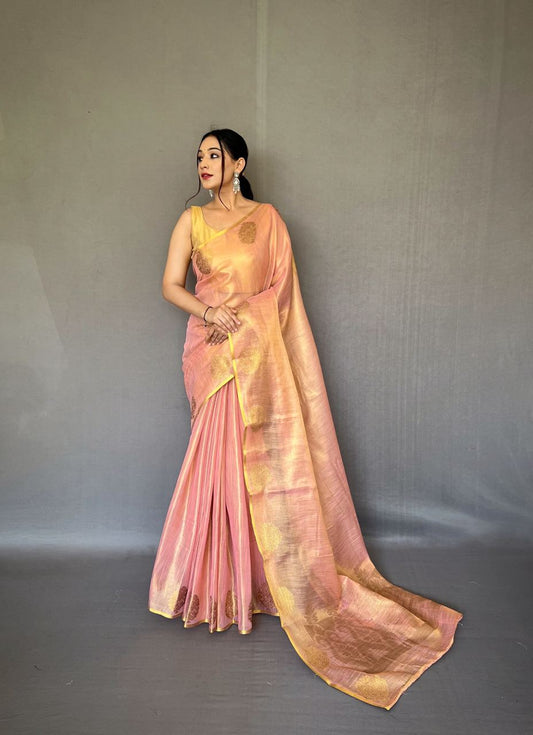 Baby Pink Banarasi Tissue Silk Zari Woven Saree