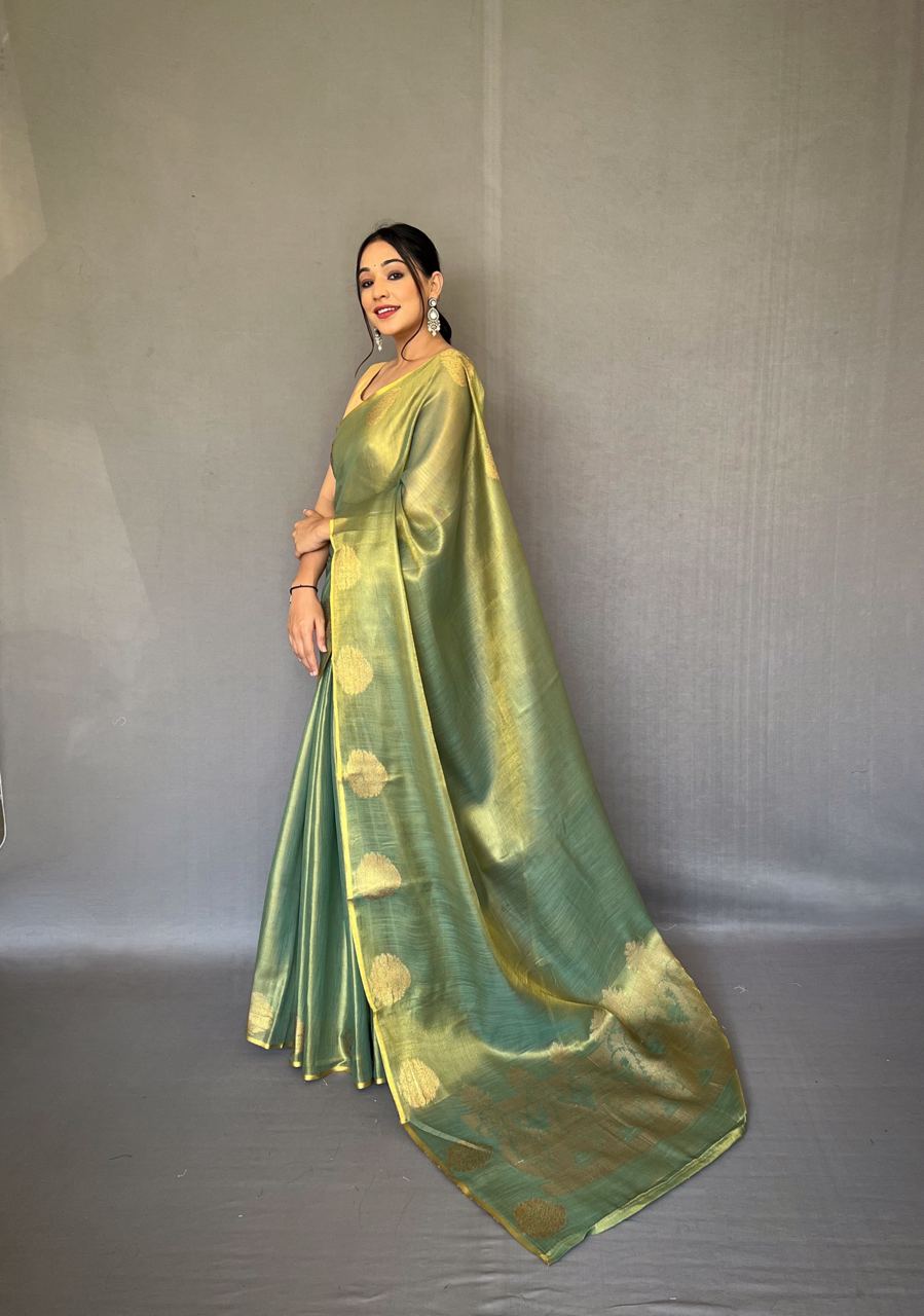 Olive Green Banarasi Tissue Silk Zari Woven Saree