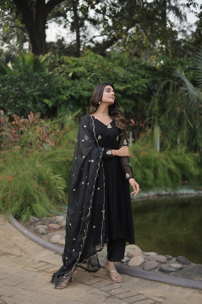 Black  Colour Faux Blooming With Embroidered Work Salwar Suit