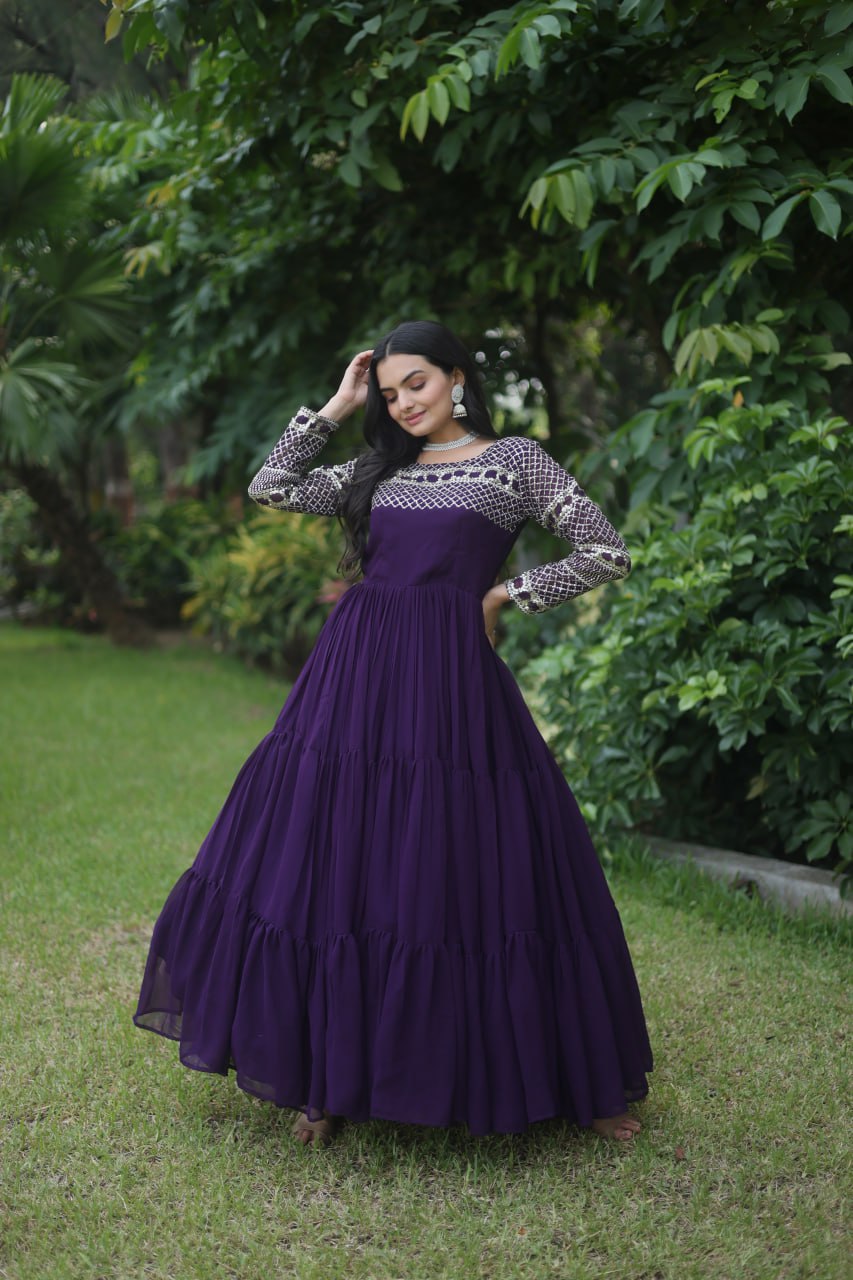 Wine Colour Faux Blooming With Embroidery Zari Sequins Work Gown