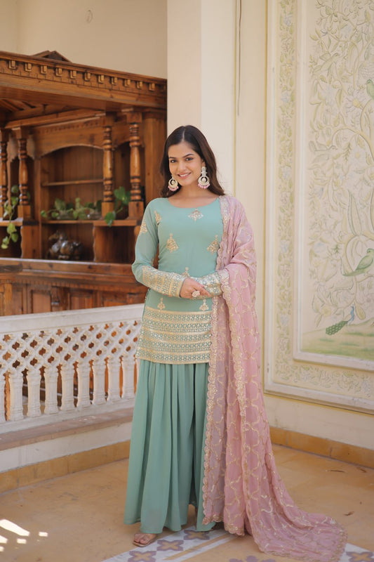Light Green Colour Faux Georgette With Sequins Thread Embroidered Work Plazzo With Dupatta