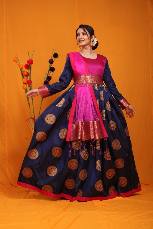 Women's Yellow & Pink Silk Anarkali Gown With Banarsi Dupatta (2Pcs Set) -  Saras The Label | Gowns, Silk gown, Anarkali gown