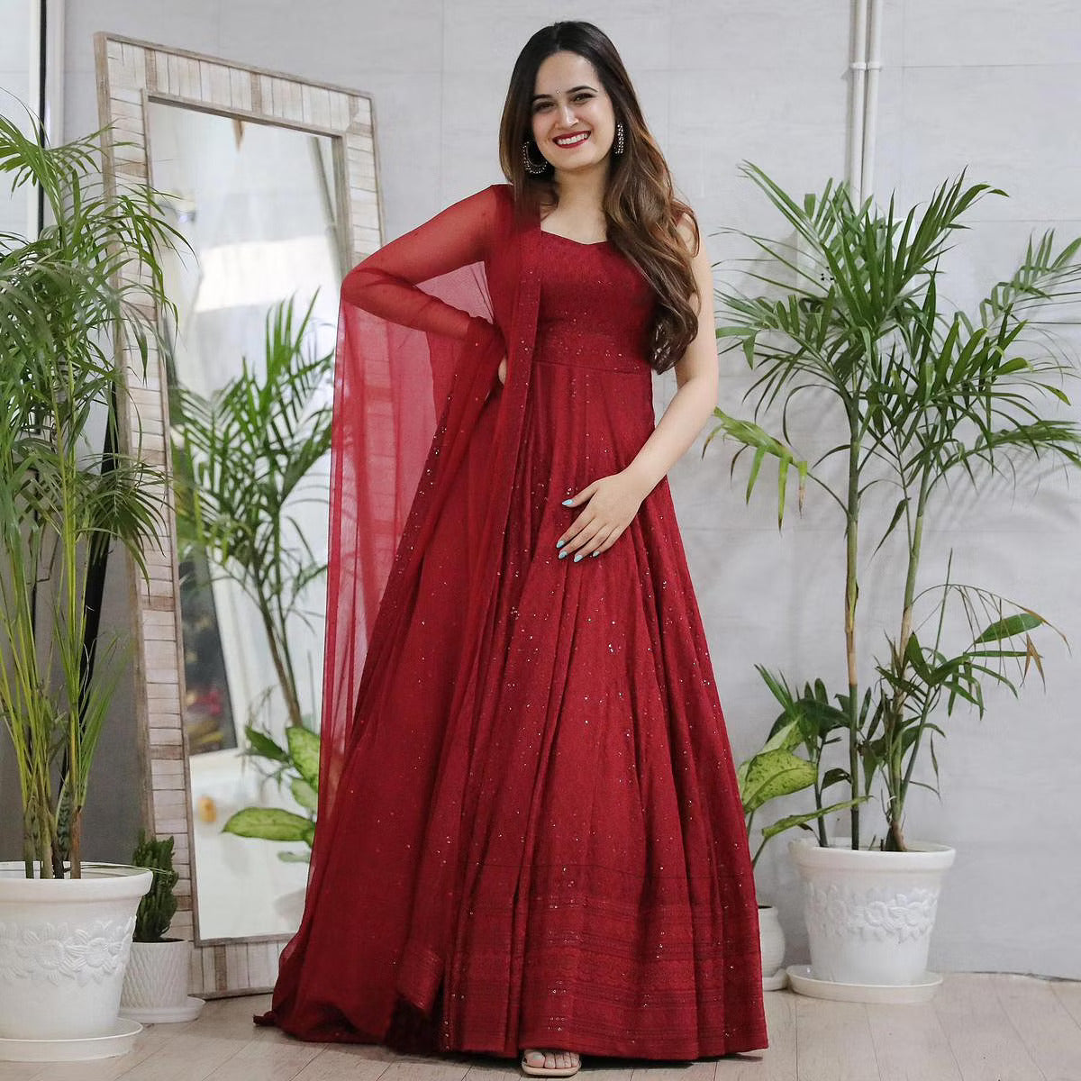 Alluring Maroon Color Full Stitched Silk Plain Dupatta Gown For Women –  Saree Suit