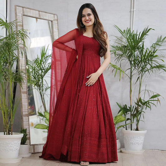 Maroon Designer Anarkali Gown In Rayon With Lucknowi Chikankari Embroidery Work