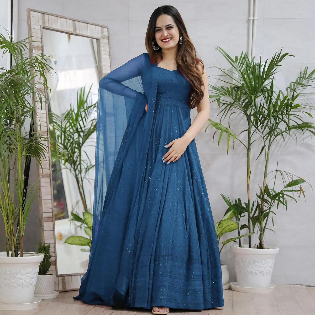 Turquish Blue Lucknowi Embroidery Work Rayon Anarkali Gown