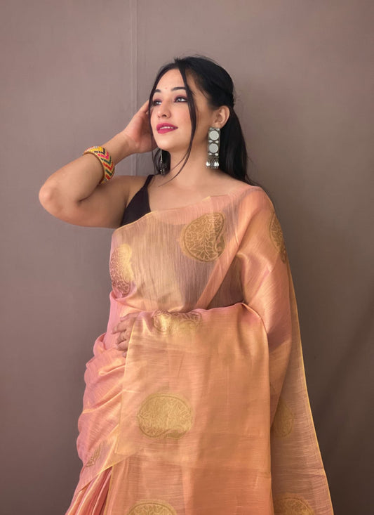 Pink  Zari Woven Tissue Silk Sarees With Chit Pallu