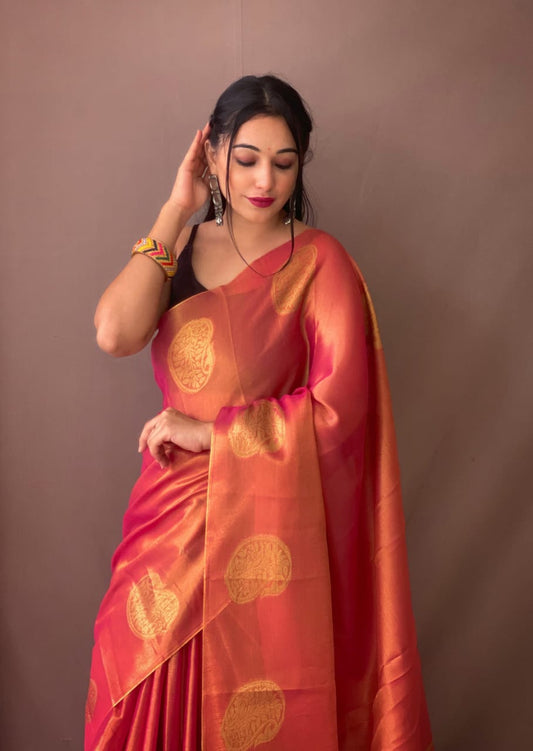 Red Zari Woven Tissue Silk Sarees With Chit Pallu