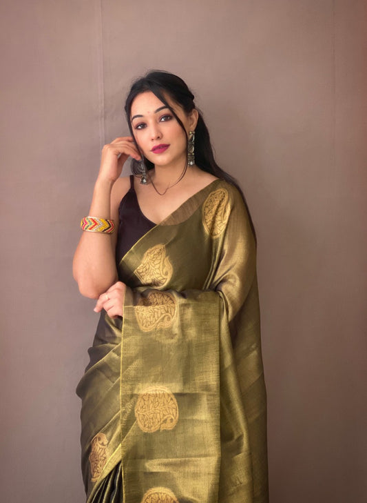 Dark Green  Zari Woven Tissue Silk Sarees With Chit Pallu