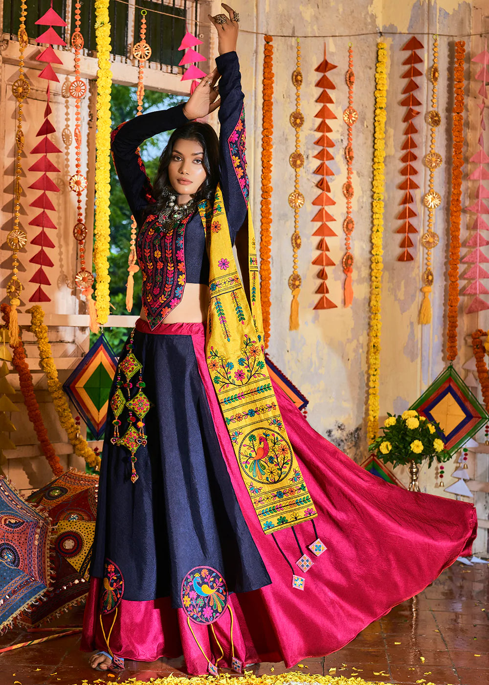 Stunning Pink & Navy Blue Silk Navratri Chaniya Choli