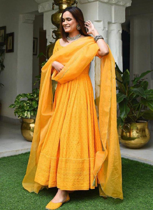 Sunshine Yellow Color Georgette Base Heavy Worked Gown