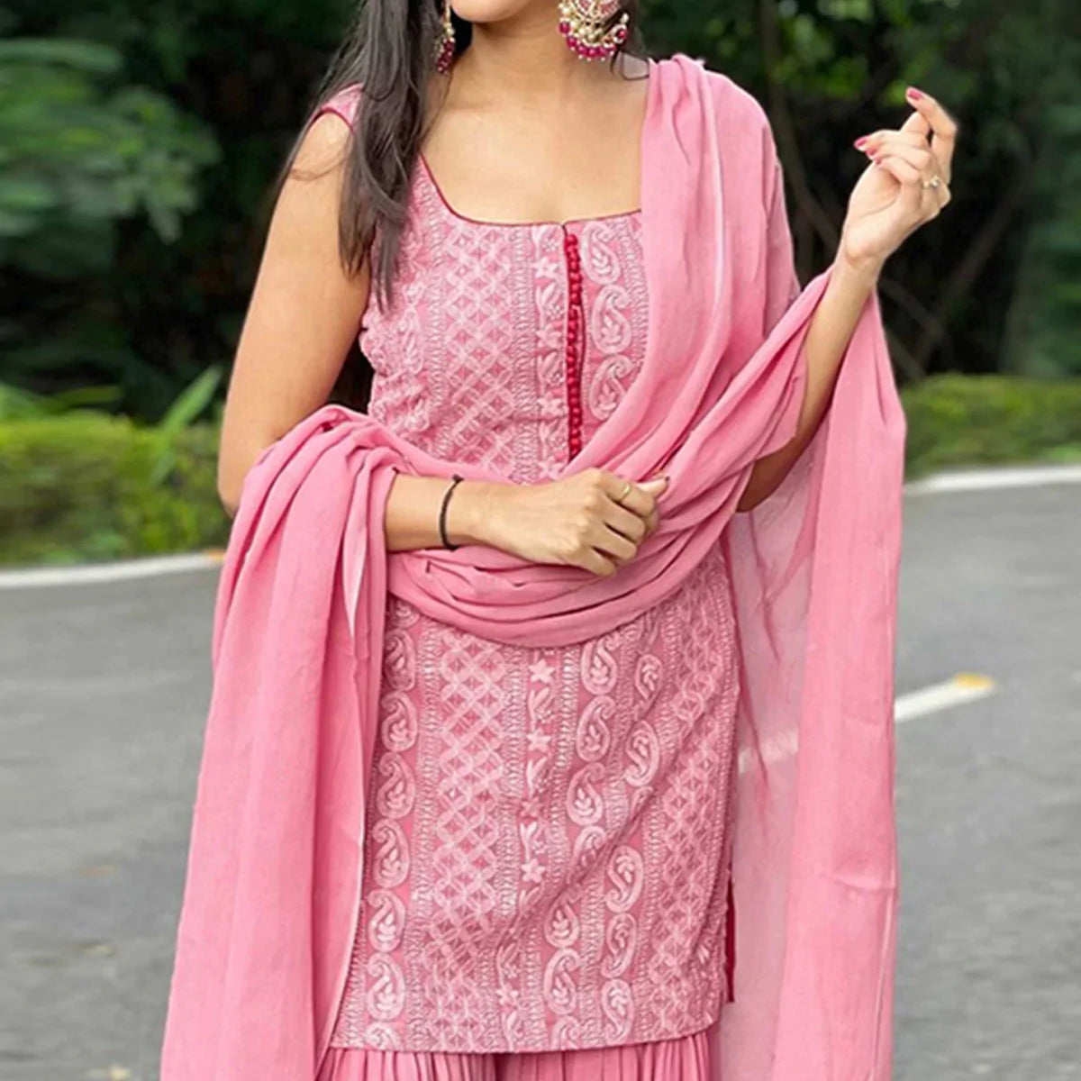 Shop Powder Pink Lucknowi Work Georgette Anarkali Suit Online in USA – Pure  Elegance