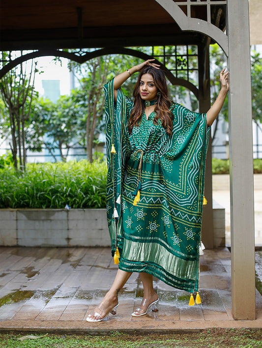 Green Color Digital Bandhej Print Pure Gaji Silk Kaftan Gown