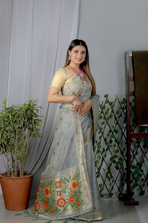 Grey Paithani Saree In Organza Smooth Fabric With Rich Weaving And Cotton Tassles On Pallu