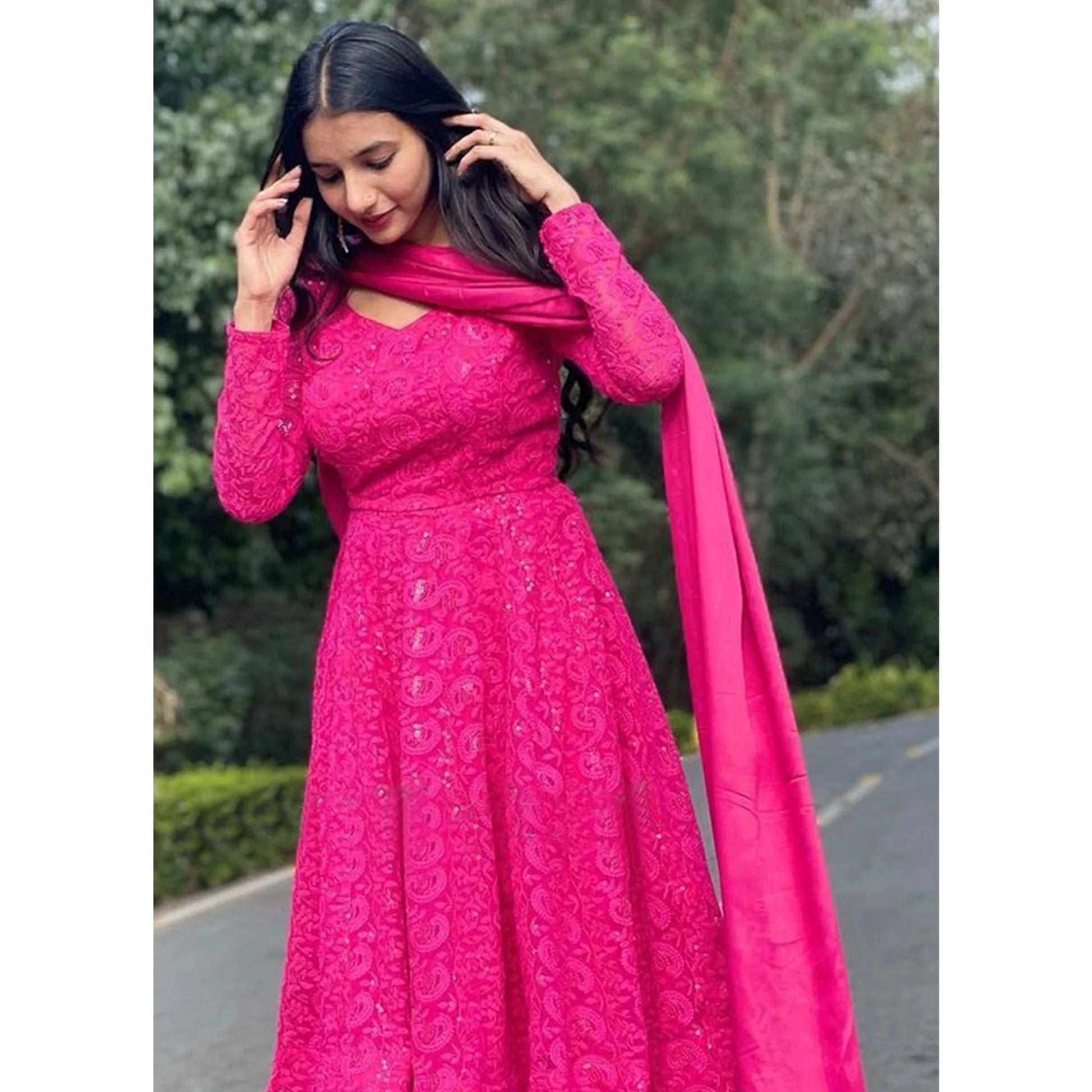 Magenta Sequence Lucknowi Chikankari Embroidered Georgette Sharara Suit