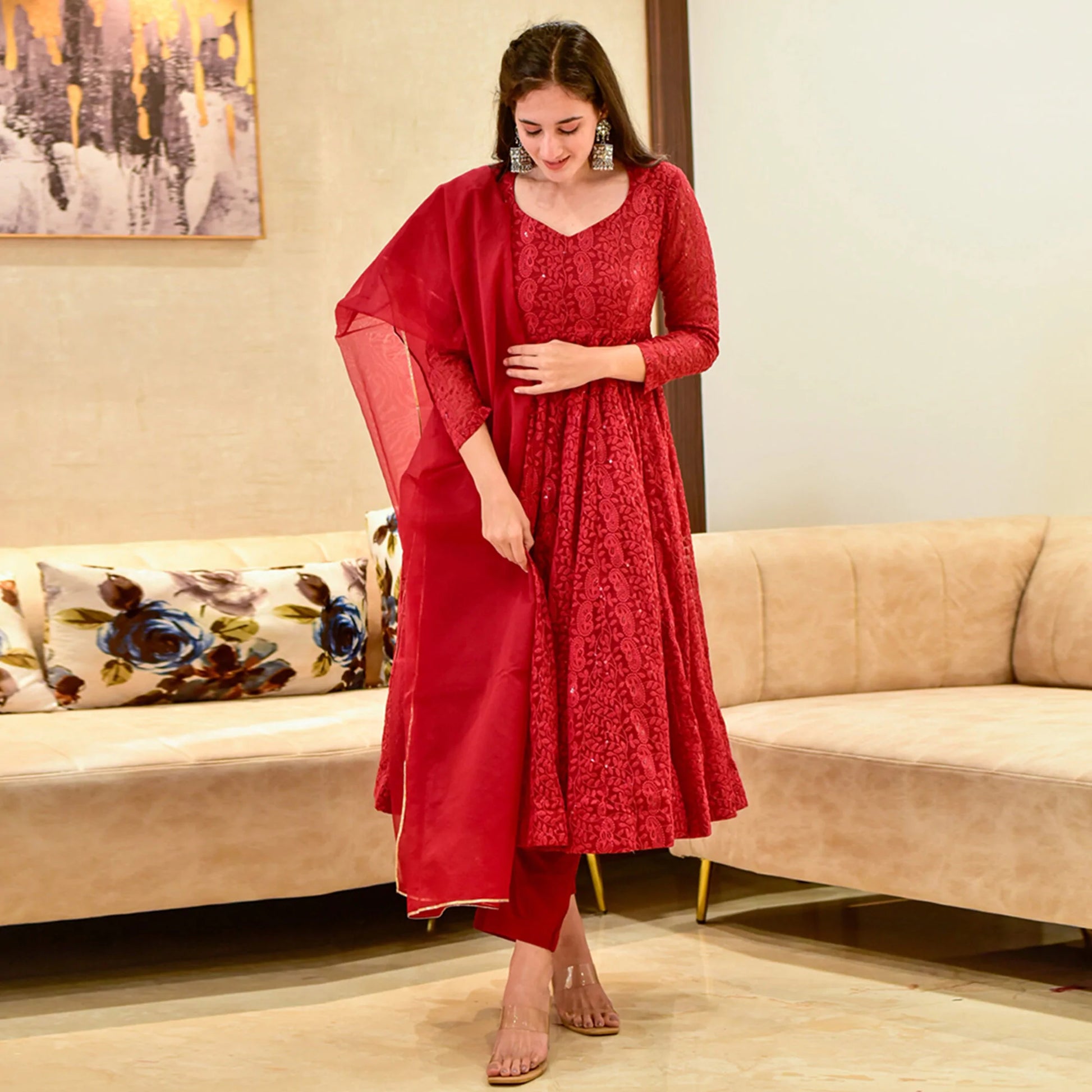 Red Lucknowi Chikankari Embroidered Work Georgette Anarkali Salwar Suit