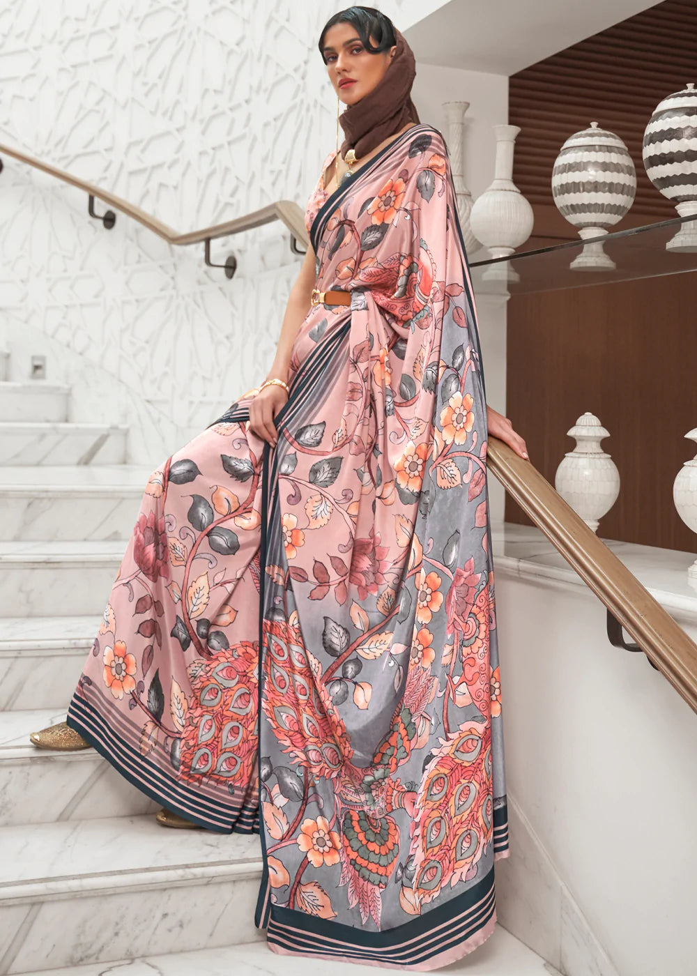 Peach And Grey Partywear Floral Digital Printed Silk Saree