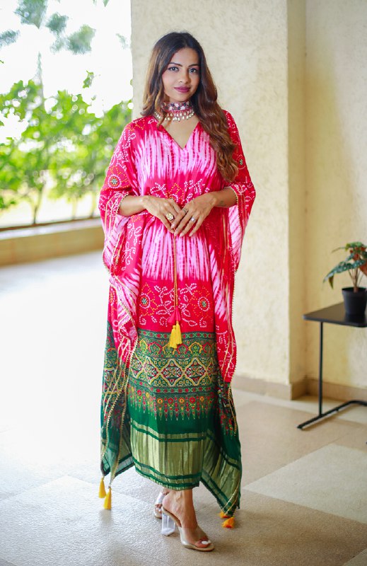 Pink Color Digital bandhej Printed Pure Gaji Silk Kaftan Gown