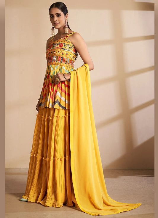 Designer Yellow Partywear Embroidered Georgette Sharara Suit