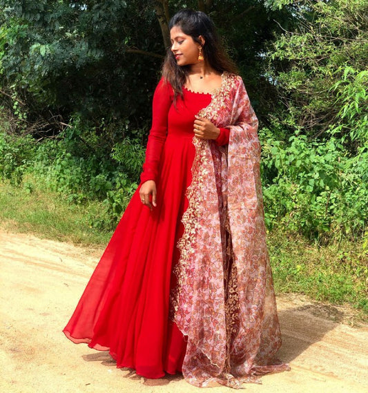 Red Blooming Georgette Plain Work Gown With Dupatta