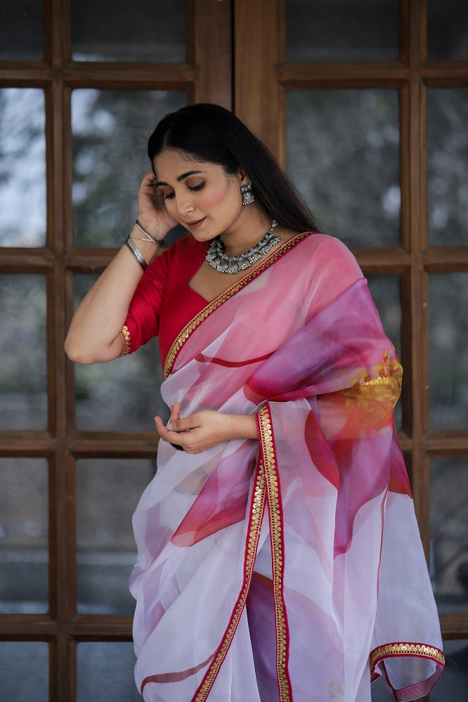 White Pink  Organza Heavy Digital Print And Lace Work Saree