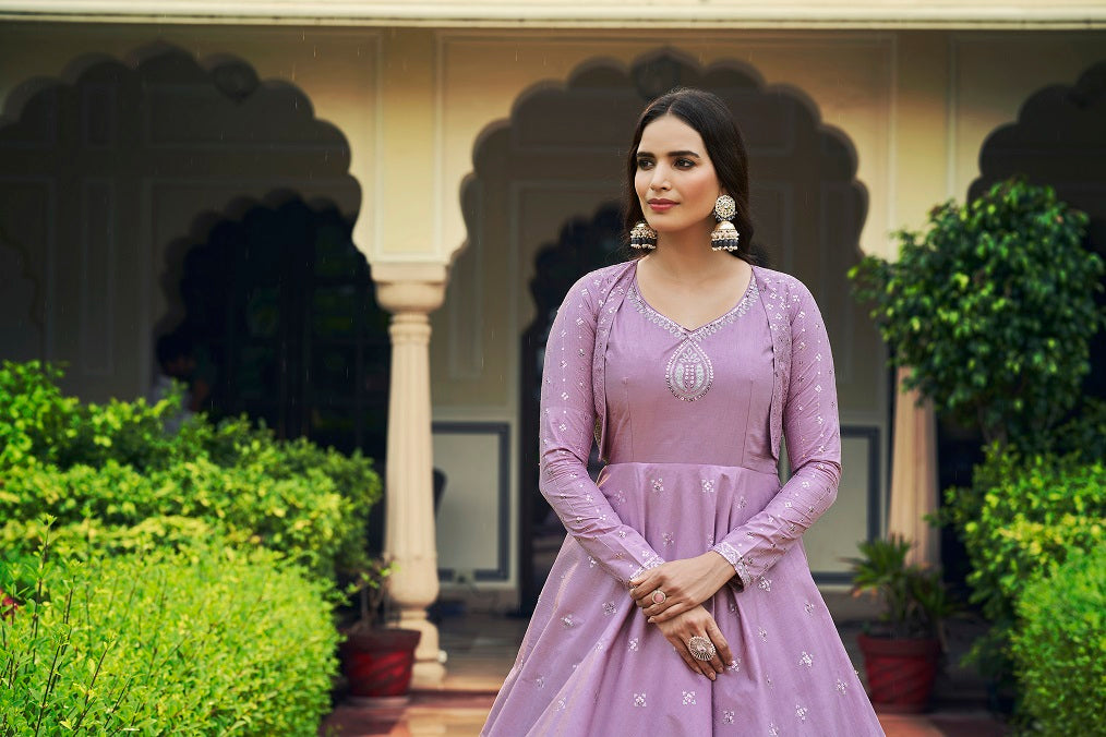 Lavender Sequence Embroidered Pure Cotton Gown With Koti