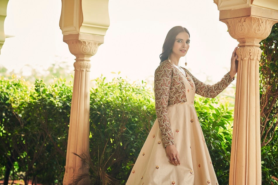 Beige Sequence Embroidered Pure Cotton Gown With Koti