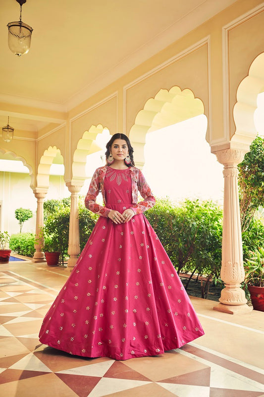Pink Sequence Embroidered Pure Cotton Gown With Koti