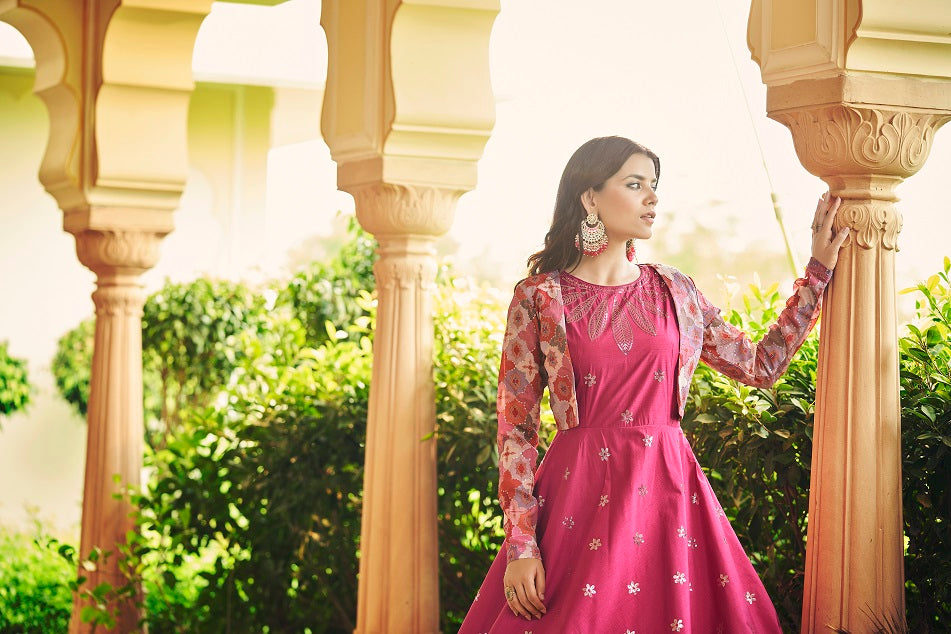 Pink Sequence Embroidered Pure Cotton Gown With Koti