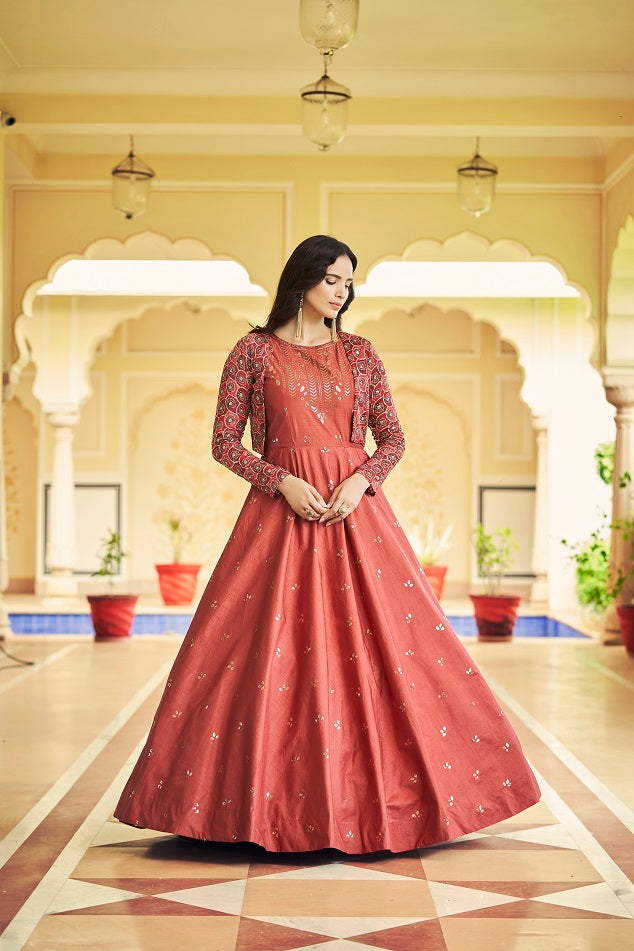 Rust  Sequence Embroidered Pure Cotton Gown With Koti