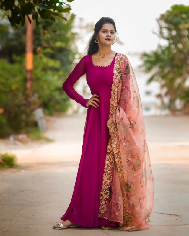 Royal Pink Blooming Georgette Plain Work Gown With Dupatta
