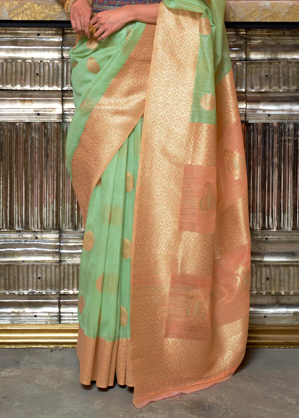 Turquoise Fancy Linen Weaving Saree
