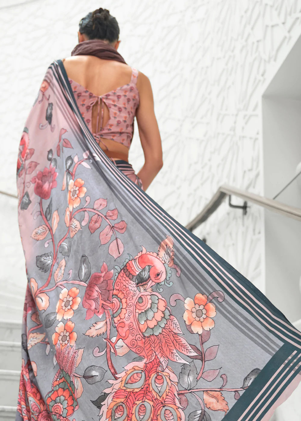Peach And Grey Partywear Floral Digital Printed Silk Saree
